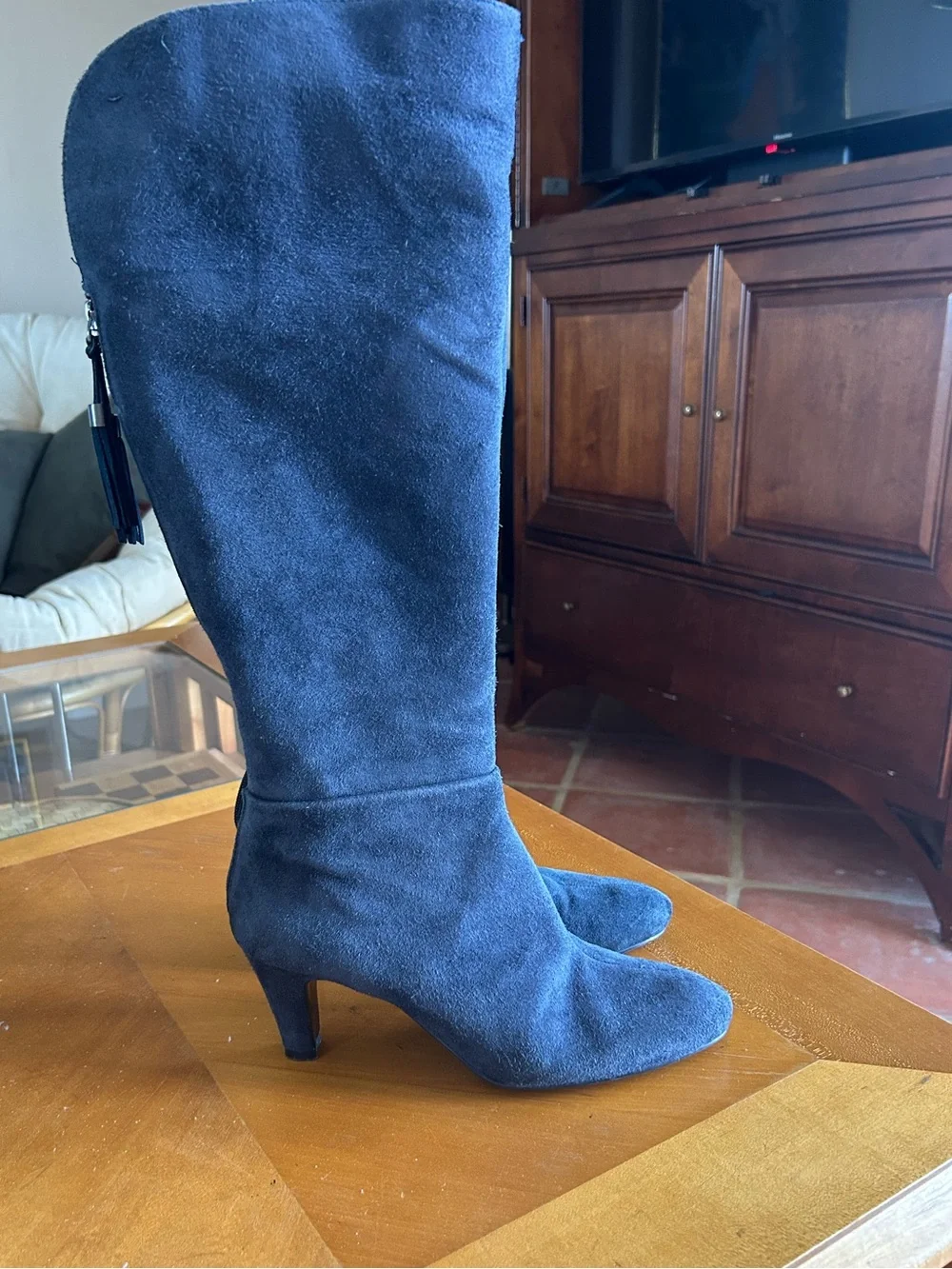 Bandolino Navy Suede Knee-High Boots With Back Fringe Tassels 8M